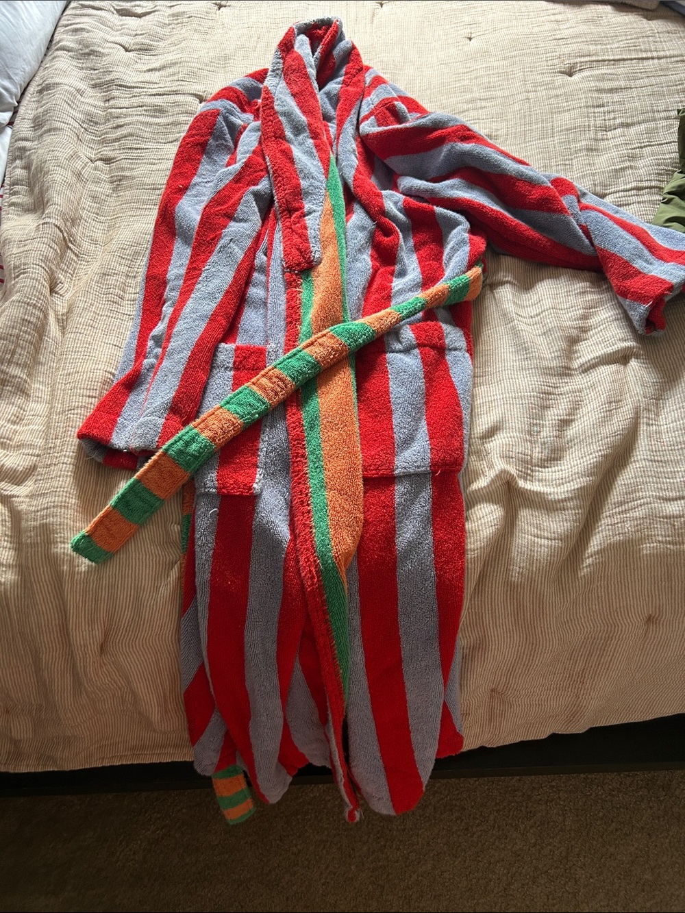 Striped Terry Robe in Red, Gray, Green and Orange